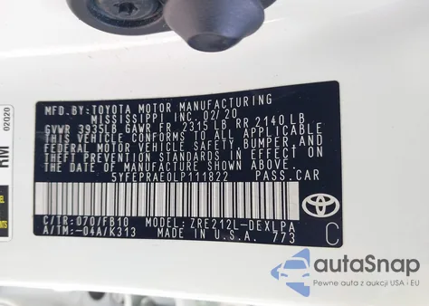 2020 Toyota Corolla Le z USA, uszkodzony, nr VIN 5YFEPRAE0LP111822